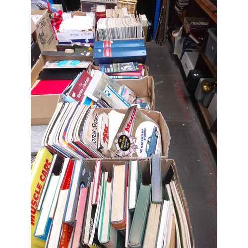 100 - Eight boxes of books and ephemera including a box of vintage car handbooks including Austin 7, MG Me... 