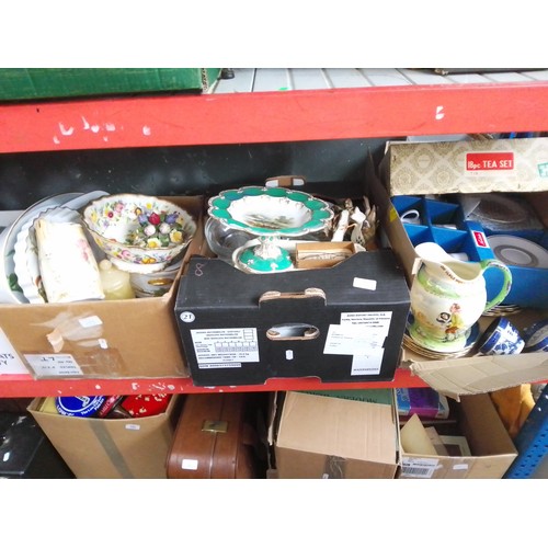 177 - 3 boxes containing assorted pottery, ornaments, glassware, 18 piece tea set, Old Willow china etc