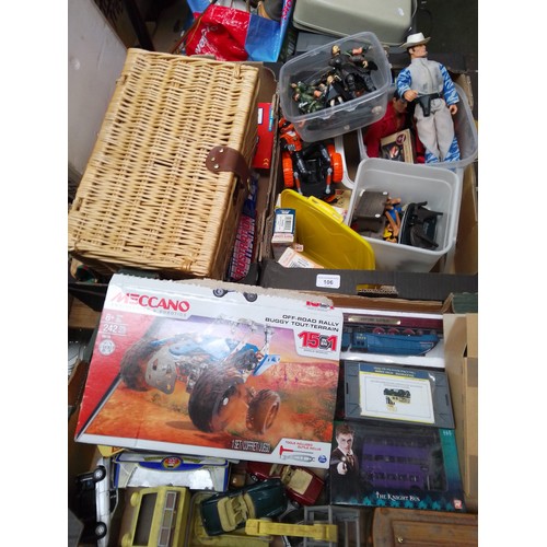 106 - Three boxes and a wicker basket of toys including Meccano, boxed model vehicles - Lledo Days Gone, w... 