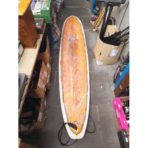 146 - An O'Shea 9' surfboard, with single fin, leash and bag.