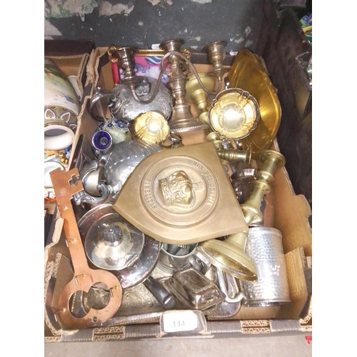 144 - A box of metalware including pewter, brass and heavy brass plaque