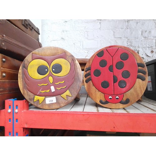 159 - 3 childrens small wooden stools with animal faces on seats