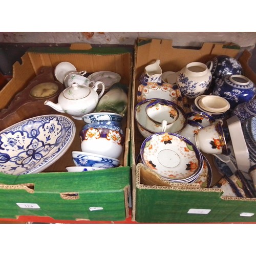 174 - 2 boxes of mixed china including ginger jar, Masons, and a clock