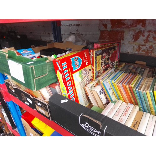 166 - Two boxes of vintage books including Ladybird and Observer etc. together with a box of assorted toys... 