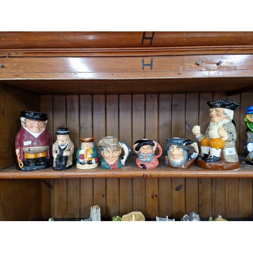 501 - Royal Doulton - 3 liquor containers Falstaff, Poacher and Rip Van Winkle with 4 toby jugs  including... 