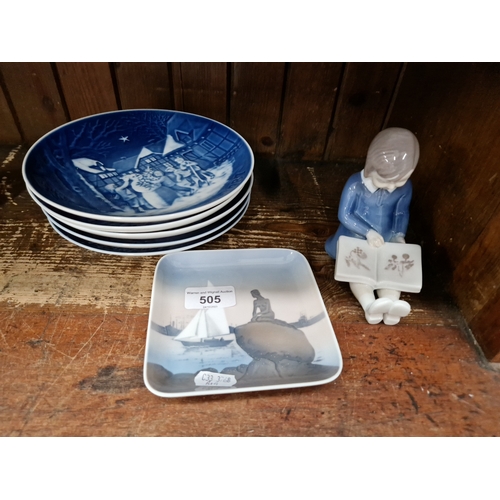 505 - Bing & Grondahl (Denmark) - ‘First Book’ figurine with 5 Christmas plates 1987-91 and a  square dish