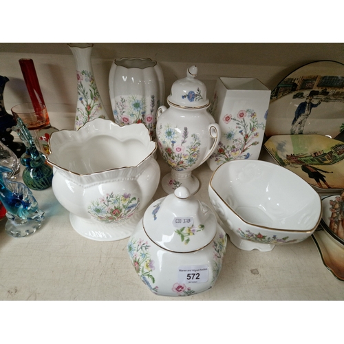 572 - 7 large items of Aynsley ‘Wild Tudor’ china including a square vase 8” high, a Derwent Bud 
Vase 10”... 