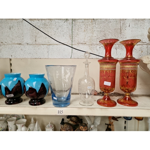 605 - Pair of glass vases, another, glass decanter and a pair of gilt ruby glass vases - one cracked