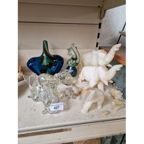 607 - Two pieces of Mdina glass and other glass and onyx elephants