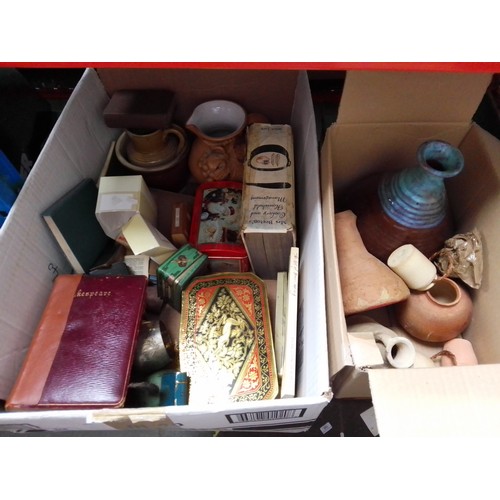 218 - A box of misc to include studio pottery, vintage tins, books etc