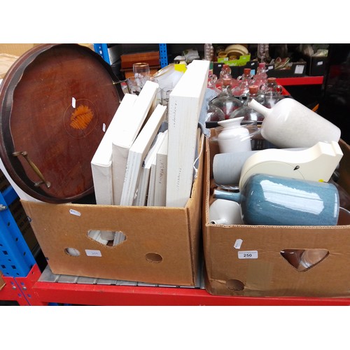 250 - A box of pottery, glassware, a box of prints, and a galleried wooden tray