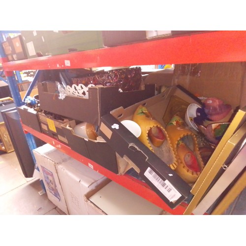 255 - 5 boxes of mixed items to include ceramics, metalware, kitchen scales, wooden clogs, glassware, pict... 