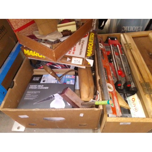 261 - A wooden toolbox and contents, together with a box of mic items including hand held steam cleaner, m... 