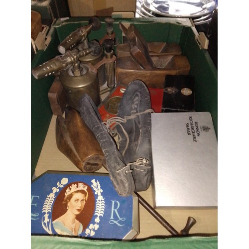 372 - A box of assorted tools and collectables, tins, blow torches, planes, etc., etc.