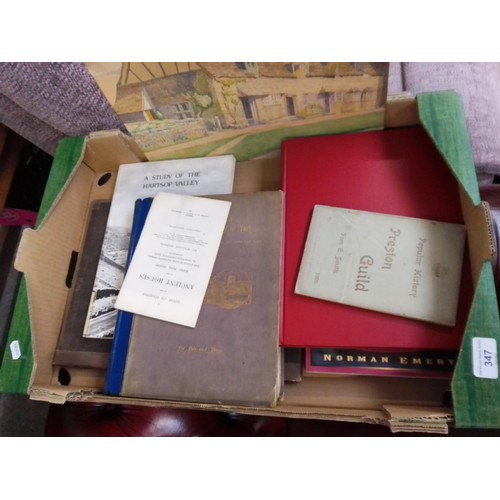 347 - A box of books and ephemera including Preston Guild 1902 booklet, 1879 pamphlet on ancient houses in... 