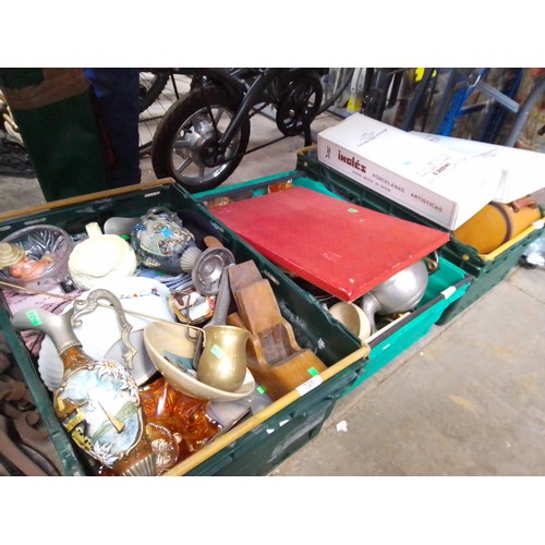 326 - Three boxes of miscellaneous items including crown green bowls, metal ware, wooden plane (tool), gla... 