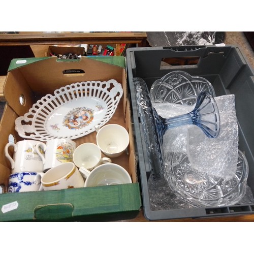 66 - Three boxes of glassware including Russian cut glass and a box of Queen Mary and other commemorative... 