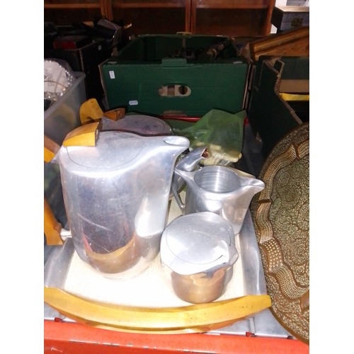 412 - A picquot ware tea set, a Persian brass tray and a mixed lot of cutlery.