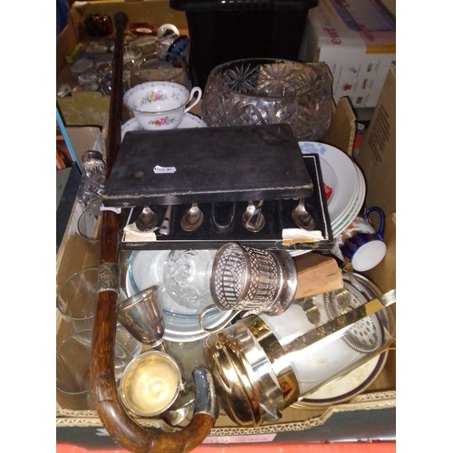 417 - A mixed box comprising various ceramics, Shelley, Wedgwood, silver plated items, glassware, two walk... 