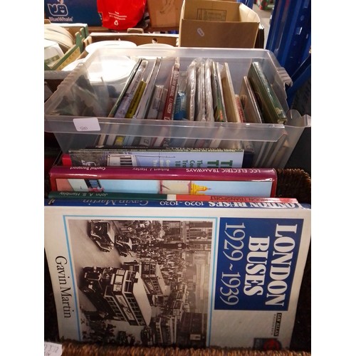 500 - Box of Railway Modelling books etc. with a basket of books on trams, London buses,  traction engines... 