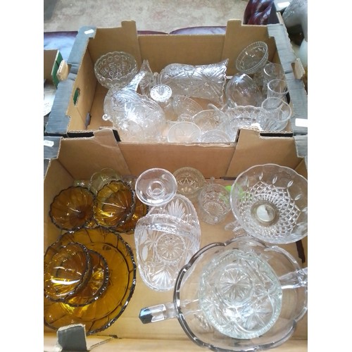 1132 - 2 boxes of glassware including vases, bowls, coloured glass dishes etc