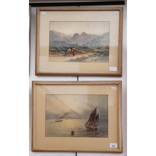 819 - T Wild (British 19th century), pair of watercolours, a landscape scene and a seascape with boats, ea... 