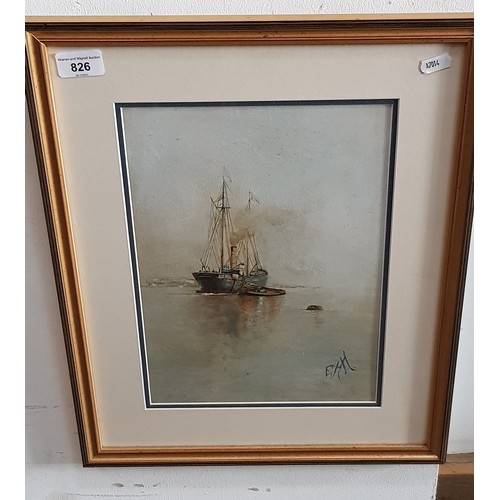 826 - Early 20th century school, watercolour, boats on a calm sea, EHM(?) monogram to lower right, framed ... 