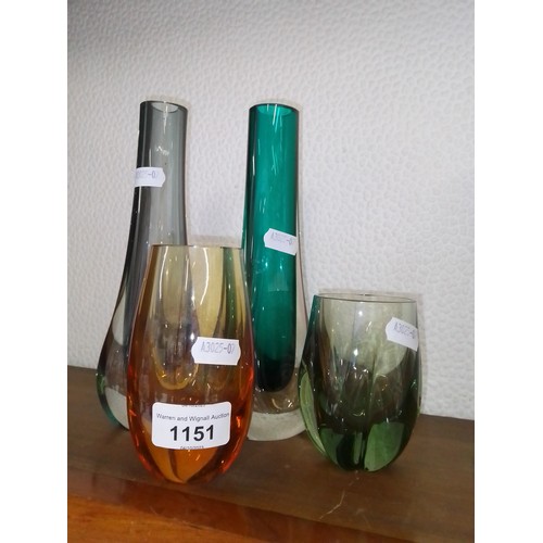 1151 - Four Whitefriars glass vases; cased green teardrop vase and another in pewter No. 9571, golden amber... 