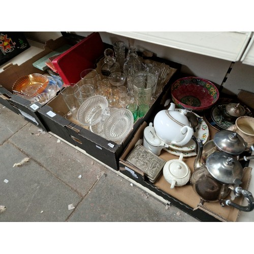 1158 - Three boxes of mixed ceramics, glass and cutlery, including decanters, epns coffee pot and water jug... 