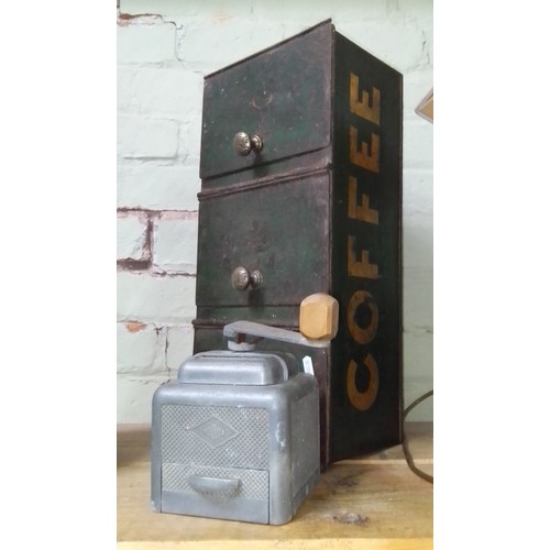 94 - A vintage Moulux coffee grinder with a vintage tin coffee chest.