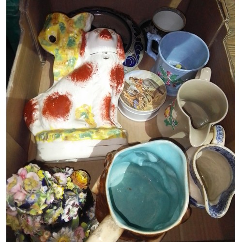 111 - A box of assorted antique pottery including Staffordshire, Prattware pot lid etc.