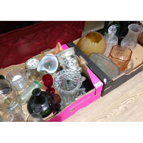 106 - Two boxes of assorted antique and later glass, Art Deco, bottles, etc.