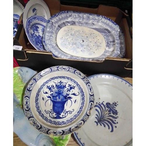 110 - A box of assorted antique pottery including Delft etc.