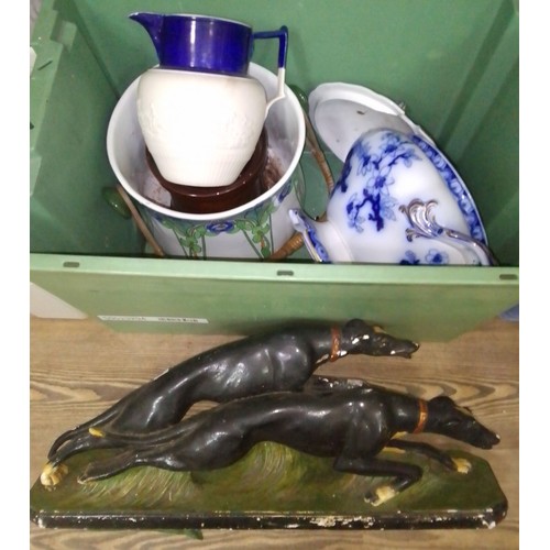 123 - A box of assorted antique pottery and an Art Deco plaster figure.