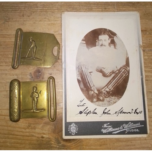 159 - Two circa 1850s brass belt buckles related to cricket together with a picture of John Sparrow in cri... 