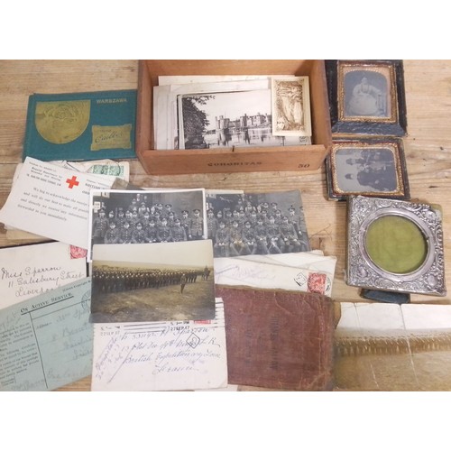 158 - A wooden cigar box containing ephemera, births, deaths, military, letters, pictures, relating to Har... 