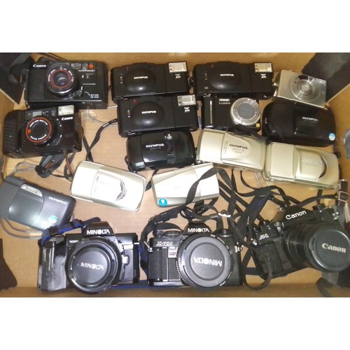 184 - A box of assorted cameras including SLR, digital and compact, Minolta X-700, Canon A-1 etc. etc.