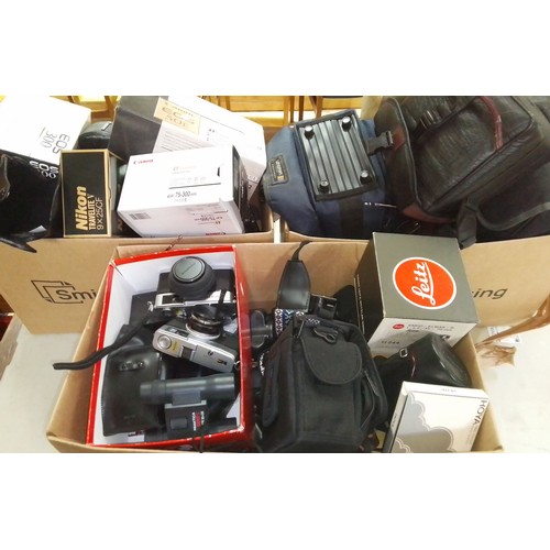 187 - Three boxes of assorted camera accessories including light meters, flashes, filters, binoculars, two... 