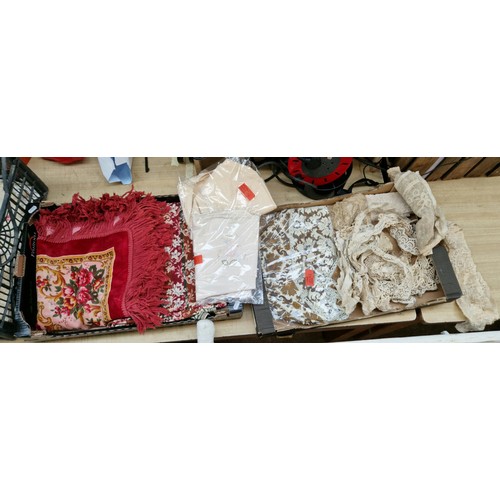 345 - Five boxes of antique and vintage linen and lace including table runners, doilies, etc.