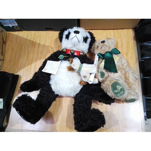 381 - Two Hermann teddy bears; Big Panda Nr.205 (205/500) and Max and Foxl teddy bear and dog (214/1500)