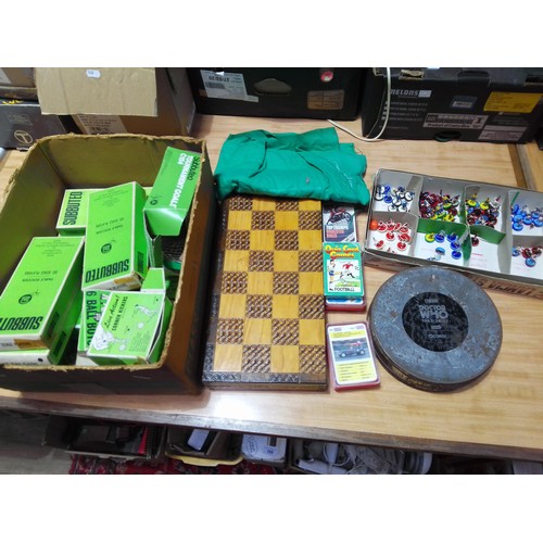 375 - Assorted toys comprising Subbuteo, Top Trumps, a chess set, etc