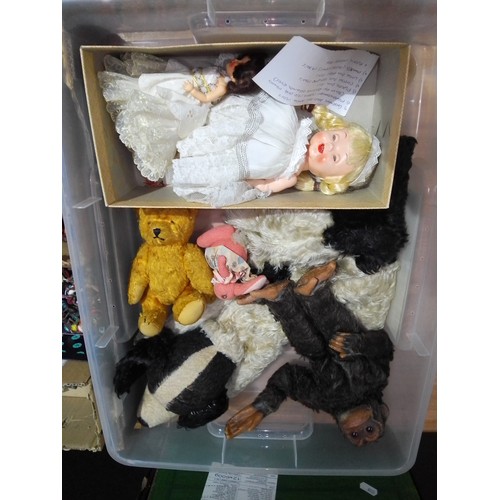 358 - A box of assorted vintage dolls and teddys comprising a German Roddy baby doll circa 1930s, a Merryt... 