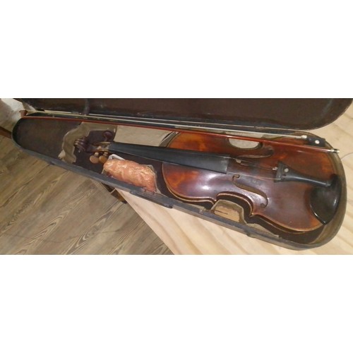 235 - A circa. 1800 violin, one piece back, length 352mm, with hard case and bow.