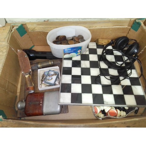 298 - A mixed lot including a chess set, a Mag-Lite, a knife, a hip flask, a telescope, etc. etc.