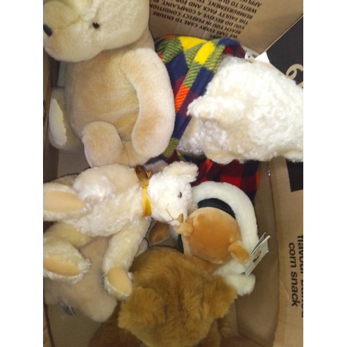 329 - A box of soft toys comprising Steiff teddy bear 24, Steiff Millenium bear with Danbury Mint medallio... 