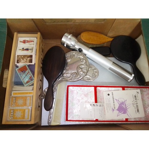 269 - A box of assorted items including a Mag-Lite, cigarette cards, dressing table ware, cloisonne etc.