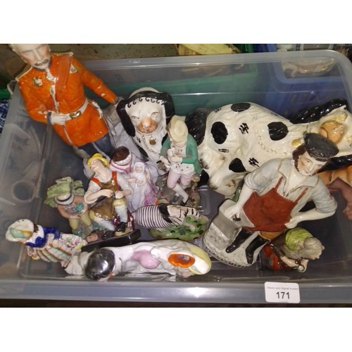 171 - A box of Staffordshire pottery figures.