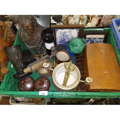 165 - A box of assorted items including a malachite glass scent bottle decorated with fish, a bronze bust,... 