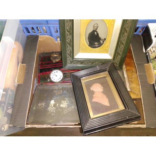 170 - A mixed lot including a wax side profile portrait, a framed photograph, pocket watch, compass etc.