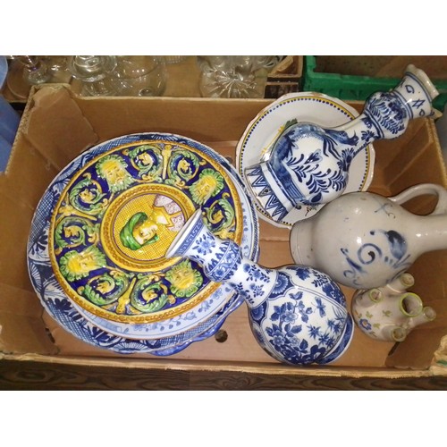 172 - A box of mainly European pottery including Delft, Maoilica, Quimper, German etc.